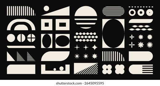 Brutalism shapes and forms, set of retro monochrome stickers and geometric design elements. Vector abstract art, vintage figures and flat decorations.