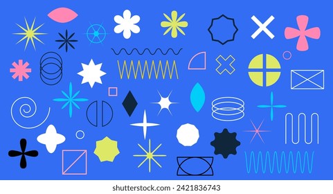 Brutalism shapes, geometric elements, abstract  forms. Simple star and flower shape, basic form, trendy modern graphic element vector set