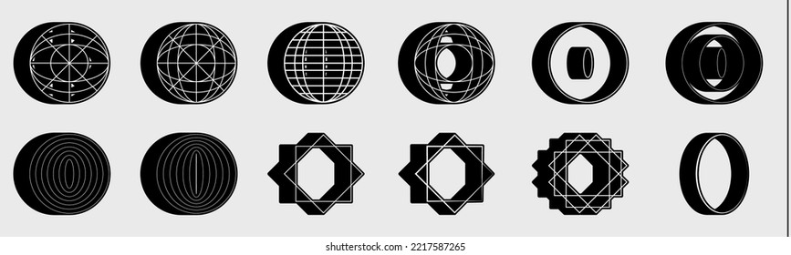 Brutalism shapes. Large set of retro objects for design. Abstract bauhaus forms. Minimalist linear form. Vector illustration