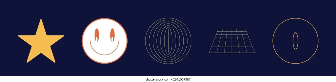 Brutalism shapes. Large set of retro objects for design. Templates for notes, posters. Isolated on black background. Vector illustration