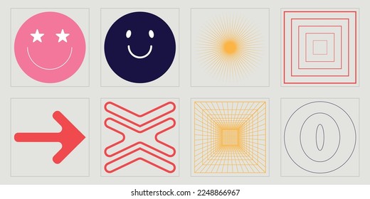 Brutalism shapes. Large set of retro objects for design. Templates for notes, posters. Anti-design. Vector illustration