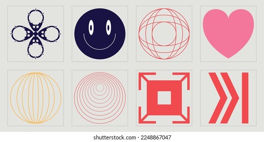 Brutalism shapes. Large set of retro objects for design. Cyberpunk elements. Anti-design. Vector illustration