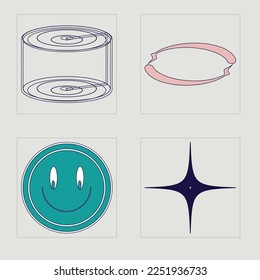 El brutalismo da forma. Gran conjunto de objetos retro para el diseño. Para camisetas modernas. Estrellas, starburst. Ilustración del vector