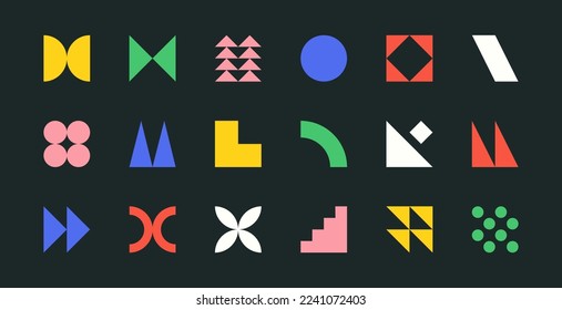 Formas de brutalismo, elementos geométricos minimalistas, formas de bauhaus abstractas. Forma simple de estrella y flor, forma básica, conjunto moderno de elementos gráficos vectoriales
