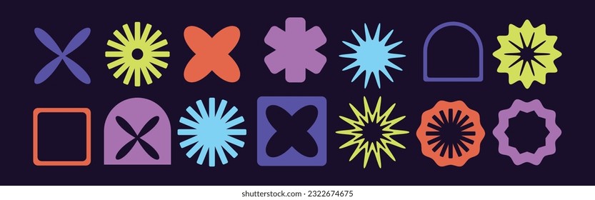 Brutalism shapes, minimalist geometric elements, abstract bauhaus forms. Simple star and flower shape, basic form, trendy modern graphic element vector set