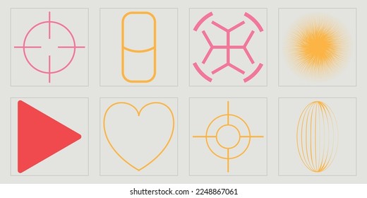 Brutalism shapes. Rave psychedelic retro futuristic set. Templates for notes, posters. Anti-design. Vector illustration