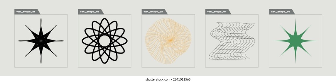 Brutalism shapes. Retro futuristic graphic ornaments. Objects in y2k style. Projects, posters, banners. Vector illustration
