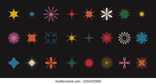 El brutalismo da forma a un conjunto. Estrellas geométricas minimalistas y elementos de diseño floral. Siluetas estéticas minimalistas de Bauhaus. Ilustración del vector