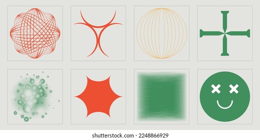 Brutalism shapes. Trendy geometric postmodern figures. Elements for graphic decoration. Isolated on black background. Vector illustration
