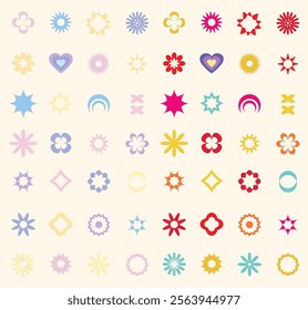 Brutalism star and flower shapes, flat minimalist stars icons. Modern abstract forms, trendy geometric graphic elements vector set