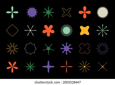 Brutalism stars. Minimalistic geometric flowers with petals and stats. Contemporary forms. Isolated floral elements silhouettes. Abstract contour crosses. Vector graphic shapes set