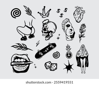 brutalism streetwear acid element sticker collection set ornament poster, tattoo, tribal illustration vector creepy icon, symbol sick editable