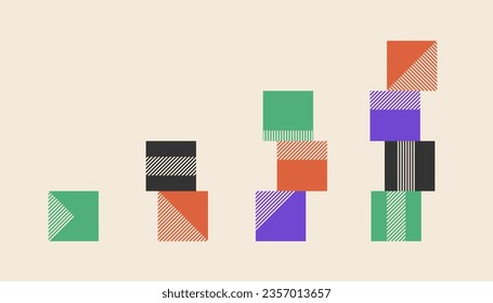 Brutalism style abstract vector cube towers simple set, bright 90 colors. Count figures of 1,2,3,4 for business.