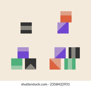 Brutalism style abstract vector cube shapes simple set, bright 90 colors. Count figures of 1,2,3,4 for business.