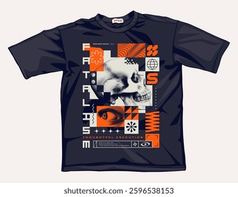 Brutalism style print with halftone skull, abstract geometric shapes, bold typography, minimalist and bauhaus graphic symbols. Postmodern streetwear design. EPS10 vector.
