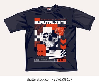 Brutalism style print with halftone skull, abstract geometric shapes, bold typography, minimalist and bauhaus graphic symbols. Postmodern streetwear design. EPS10 vector.