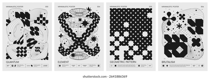Brutalism style vector minimalistic Posters with silhouette postmodern figures, Futuristic abstract graphic wireframe elements of geometric shapes rave composition, Trendy modern print artwork set 89