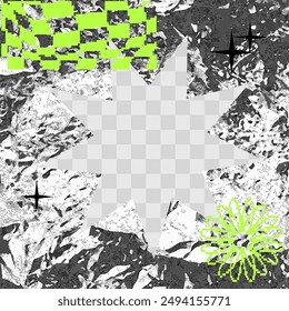 Brutalism styled template with foil torn paper element. Banner, post for social media.