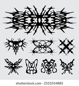 Brutalism symmetrical shape asset anti design vector tribal, ink clip art streetwear element acid poster, tattoo, illustration symbol editable