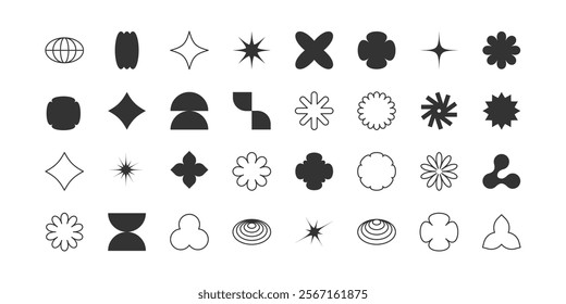 Brutalism vector shapes. Postmodern geometric abstract shapes, Retro design symbols in Y2K., trendy retro design symbols in Y2K style. Geometric shapes set.