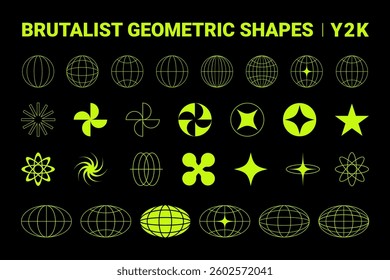 Brutalism and Y2K geometry: abstract futuristic shapes, minimalist Bauhaus-inspired elements, and bold forms for creative graphic and web design
