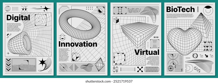 Carteles de brutalismo y2k con rejilla retro y Formas abstractas en 3D. Vector futurista, brutal innovación digital y biotecnología Plantillas en blanco y negro con patrón de alambre 3D y figuras tridimensionales