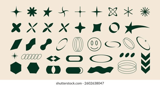 Brutalist abstract design element geometric figure retro shape bauhaus y2k basic form icon set. Vector flat illustration