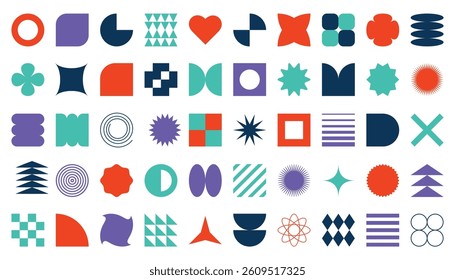 Brutalist abstract geometric, cartoon elements collection, 1990 aesthetics. Swiss design aesthetic. Bauhaus shapes design. Y2K poster illustration