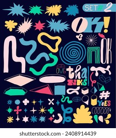 Brutalist abstract geometric colored shapes and grids set. Hand Drawn Brutal contemporary figure star oval spiral flower other primitive elements. Swiss design aesthetic. Bauhaus memphis vector design