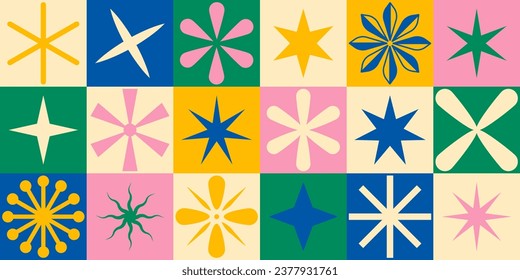 Brutalist abstract geometric figures of flowers and stars. Bauhaus memphis design. Vector illustration 
