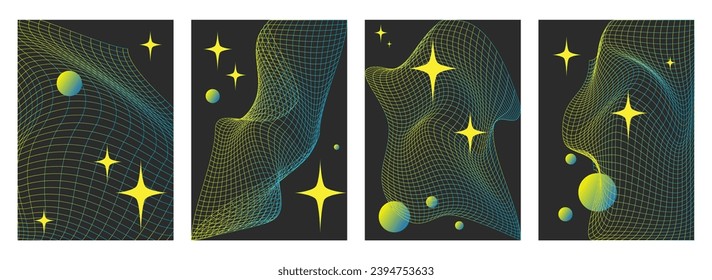 Brutalist abstract Geometric Gradient Grids, Spheres and Stars. Primitive Retrofuturism Poster set. Wireframe Perspective Landscape in Neon Green Colors. Polygonal 3d Surface, Vector Illustration.