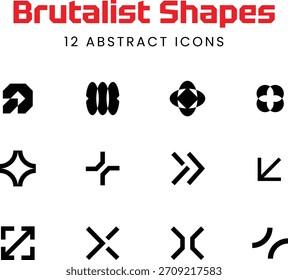 Brutalistischer abstrakter geometrischer Symbolsatz. Moderne minimale Logo-Kollektion für Tech-Branding, KI-Interface-Buttons, Web-Design-Elemente, App-Symbole und zeitgenössisches Grafikdesign y2k Gothic-Säure-Poster
