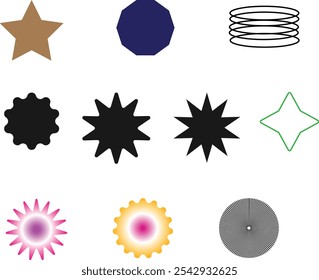 Brutalist abstract geometric patterns and grids. Brutal modern figure with star, oval spiral, flower, and other primal characteristics. Swiss design aesthetics. Bauhaus