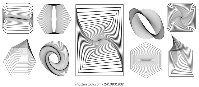 Brutalist abstract geometric set with shapes and grids. Brutal contemporary figure circle, rectangle, oval, spiral. Swiss design aesthetic. Vector illustration