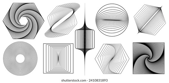 Brutalist abstract geometric set with shapes and grids. Brutal contemporary figure circle, rectangle, oval, spiral. Swiss design aesthetic. Vector illustration