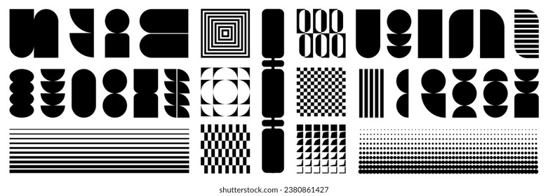 Brutalist abstract geometric shapes and backgrounds. Brutal contemporary black brutalism forms. Suitable for apparel posters covers merch flyers. Bauhaus memphis silhouette elements vector set