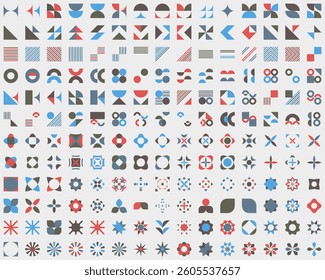 Brutalist abstract geometric shapes. Bauhaus Minimalist Graphic Design Elements. Neo geometric pattern elements. Y2K Geometric design element shapes. Figures, stars, flower, circles, squares.