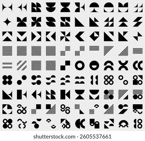 Brutalist abstract geometric shapes. Bauhaus Minimalist Graphic Design Elements. Neo geometric pattern elements. Y2K Geometric design element shapes. Figures, stars, circles, squares.