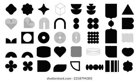 Brutalist abstract geometric shapes. Brutal contemporary figure star oval spiral flower and other primitive elements. Y2K Geometric design element shapes. Vector illustration
