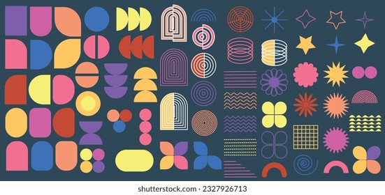 Brutalist abstract geometric shapes. Brutal contemporary figures circle star oval spiral flower and other primitive elements. Bauhaus Memphis design.