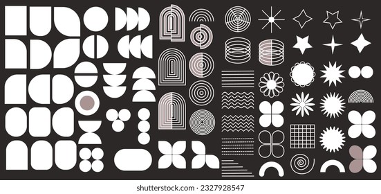 Brutalist abstract geometric shapes. Brutal contemporary figures circle star oval spiral flower and other primitive elements. Bauhaus Memphis design.