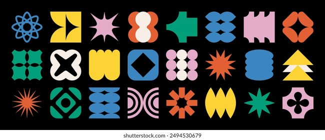 Brutalist abstract geometric shapes. Brutal contemporary figure star oval spiral flower and other primitive elements. Swiss design aesthetic