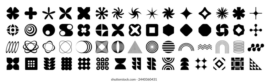 Brutalist abstract geometric shapes Collection of brutal contemporary figure spiral flower star oval circle and other elements.