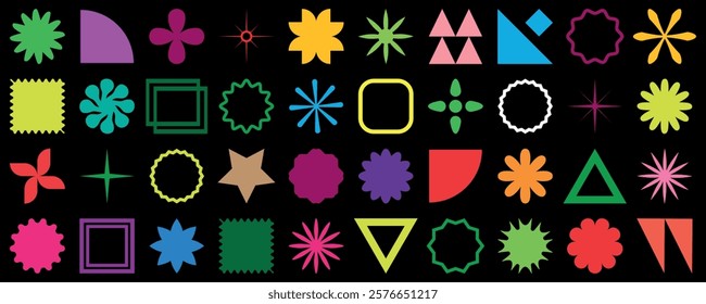 Brutalist abstract geometric shapes. Colorful retro, groovy and geometric shapes. Vector frames Bauhaus memphis design. Brutal contemporary figure star oval spiral flower and other primitive element,