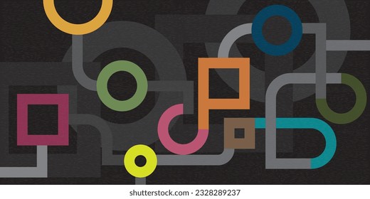 Brutalist abstract geometric shapes design vector illustration. Colorful geometric elements on black background.