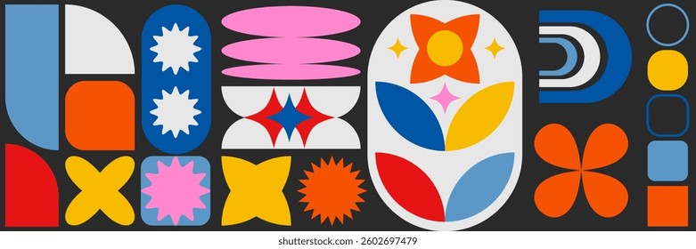 Brutalist abstract geometric shapes featuring stars, ovals, spirals, flowers, and other primitive elements. A fusion of Swiss design aesthetics, Bauhaus, and Memphis design influences.