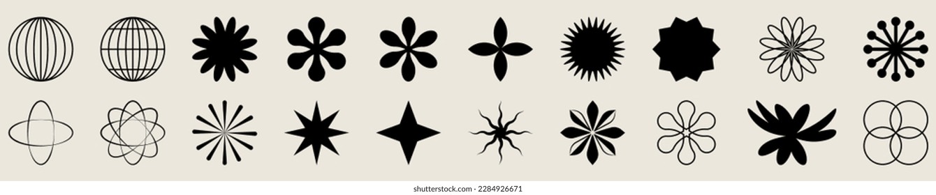 Brutalist abstract geometric shapes. Figures, stars, spiral flower and circles. Vector illustration 
