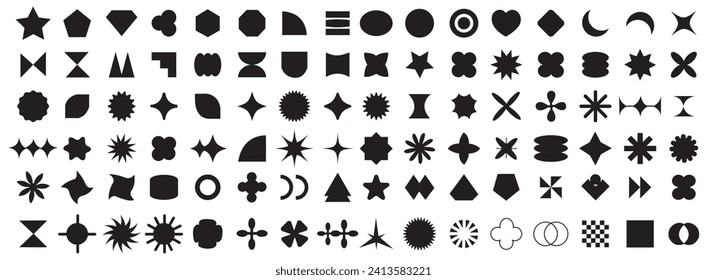 Brutalist abstract geometric shapes. Futuristic Y2K graphic icons. Collection of different graphic elements, star, sparkle, shapes, spheres, icons, frame, graphic design, poster, merch, flyers. EPS10