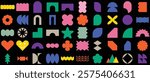 Brutalist abstract geometric shapes and grids. Y2K Geometric design element shapes.Colorful groovy brutal figures. Modern Swiss design aesthetic.