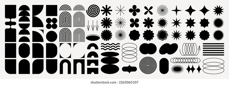 Brutalist abstract geometric shapes and grids. Brutal contemporary figure star oval spiral flower and other primitive elements. Swiss design aesthetic. Bauhaus memphis design. - Shutterstock ID 2265065107